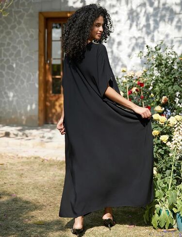 Bsubseach Kaftan Dresses for Women Gold Embroidery Long Beach Cover Ups Caftan Loungewear Vacation Outfits Black in Saudi Arabia