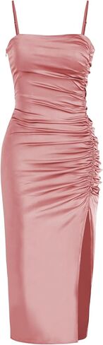 CIDER Solid Satin Ruched Split Midi Cami Dress in Saudi Arabia