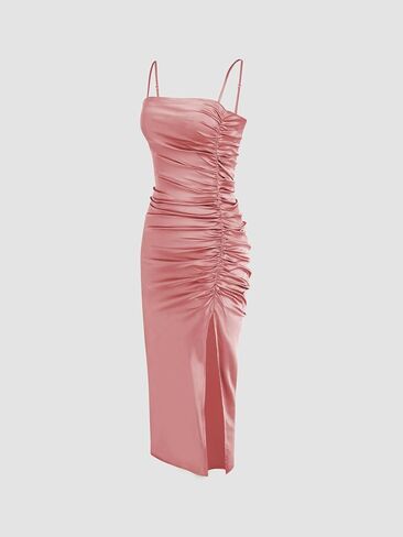CIDER Solid Satin Ruched Split Midi Cami Dress in Saudi Arabia