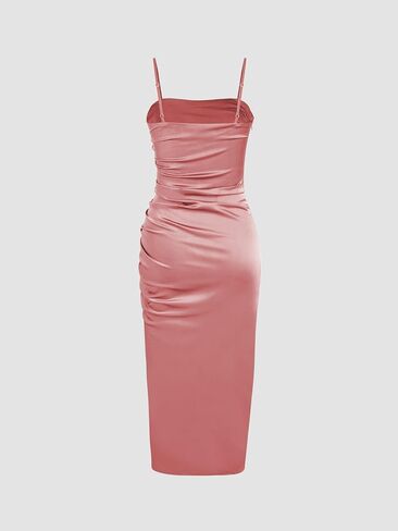 CIDER Solid Satin Ruched Split Midi Cami Dress in Saudi Arabia