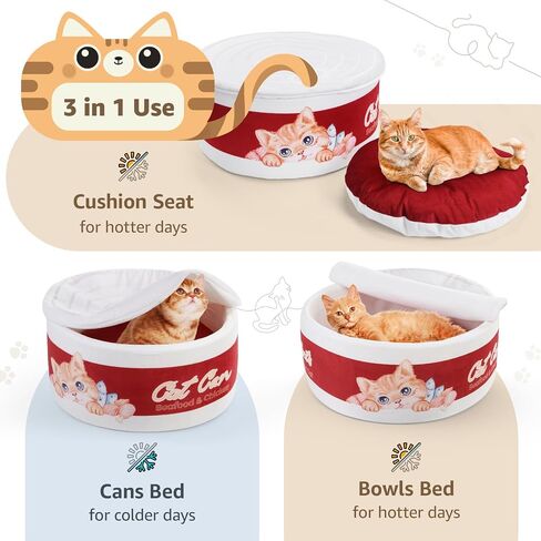 LOOBANI Cans Cat Beds for Indoor Cats - Soft Plush Cute Cat Bed, Washable Removable Cushion Ramen Cat Bed for Cats, Puppy, Small Dogs - Red in Saudi Arabia