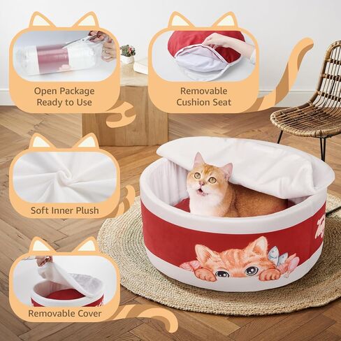 LOOBANI Cans Cat Beds for Indoor Cats - Soft Plush Cute Cat Bed, Washable Removable Cushion Ramen Cat Bed for Cats, Puppy, Small Dogs - Red in Saudi Arabia