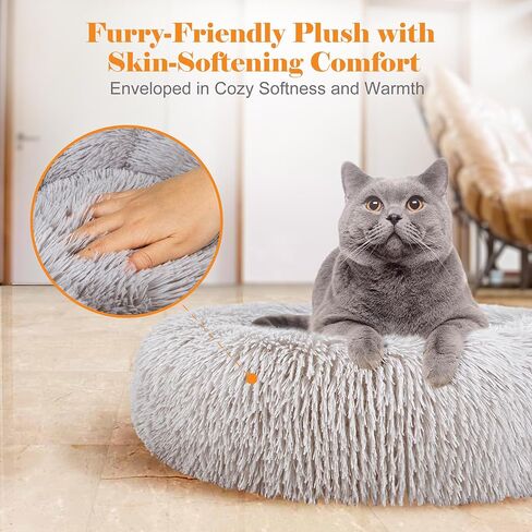 Cat Beds for Indoor Cats, 20 inch Non-Slip Fluffy Round Pet Bed Machine Washable Soft Plush Donut Cuddler Cushion, Calming Self-Warming Bed Puppy Bed for Small Dogs Kittens, Grey in Saudi Arabia