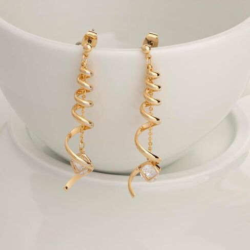 Spiral Dangle Earrings - 16K Gold Plated Long Twirl Drop Design for Women - Hypoallergenic Lightweight Statement Earring in Saudi Arabia