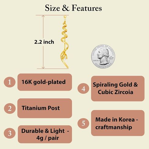 Spiral Dangle Earrings - 16K Gold Plated Long Twirl Drop Design for Women - Hypoallergenic Lightweight Statement Earring in Saudi Arabia