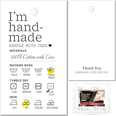 100 حزمة - تعليمات العناية المصنوعة يدويًا، علامات تعليق، ملصقات بطاقات، 2 × 3 بوصة، مواد منزلية الصنع، تعليمات العناية بغسل الملابس | أبيض أسود | لبطانية قميص كروشيه محبوكة in Kuwait