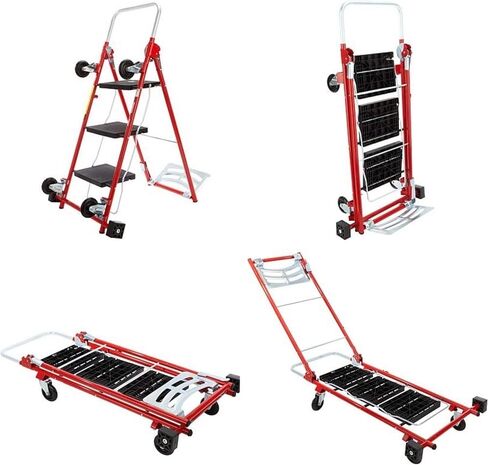4-in-1 Rolling Utility Cart, Trolley and Moving Dolly with Folding 3-Step Ladder – Move Boxes, Furniture and Appliances with 1 Foldable Cart and Step Stool (Red) in Saudi Arabia