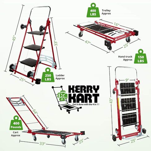 4-in-1 Rolling Utility Cart, Trolley and Moving Dolly with Folding 3-Step Ladder – Move Boxes, Furniture and Appliances with 1 Foldable Cart and Step Stool (Red) in Saudi Arabia