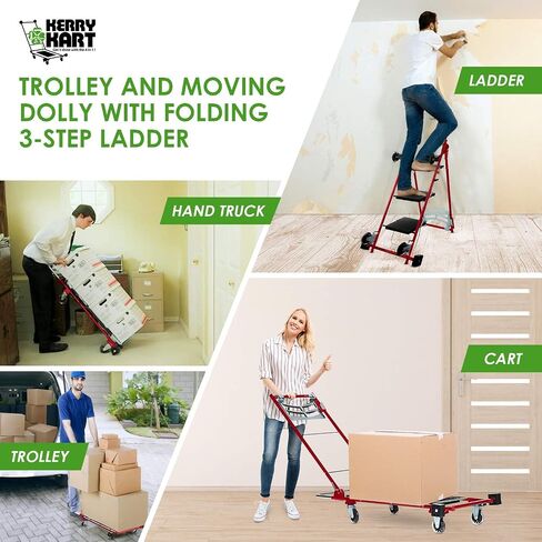 4-in-1 Rolling Utility Cart, Trolley and Moving Dolly with Folding 3-Step Ladder – Move Boxes, Furniture and Appliances with 1 Foldable Cart and Step Stool (Red) in Saudi Arabia
