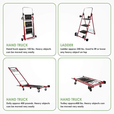 4-in-1 Rolling Utility Cart, Trolley and Moving Dolly with Folding 3-Step Ladder – Move Boxes, Furniture and Appliances with 1 Foldable Cart and Step Stool (Red) in Saudi Arabia