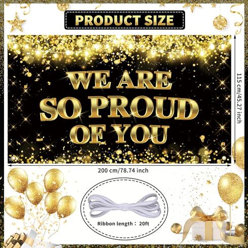 لافتة كبيرة نحن فخورون جدًا بك - لافتة تخرج مقاس 79 × 45 بوصة، ديكورات حفلات التخرج، خلفية تهانينا، لافتة تخرج للفئة 2024، لوازم ديكور حفلات التخرج باللونين الأسود والذهبي in Kuwait