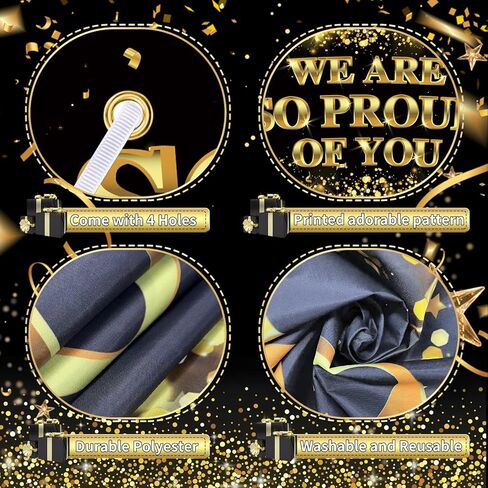 لافتة كبيرة نحن فخورون جدًا بك - لافتة تخرج مقاس 79 × 45 بوصة، ديكورات حفلات التخرج، خلفية تهانينا، لافتة تخرج للفئة 2024، لوازم ديكور حفلات التخرج باللونين الأسود والذهبي in Kuwait