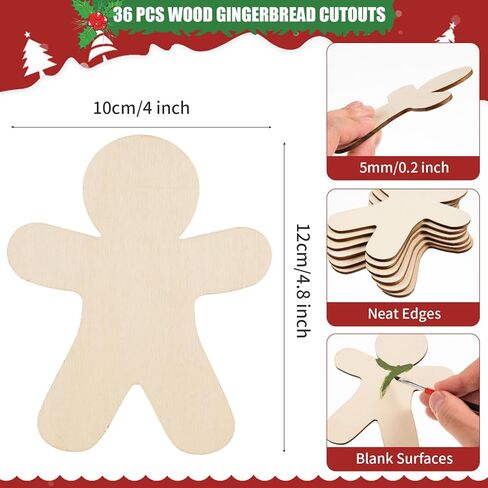 36 Pcs Gingerbread Man Wood Cutouts Unfinished Wooden Gingerbread Men Shapes Cut Outs Blank Wood Christmas Cutouts Wood Xmas Ornaments Slices for DIY Crafts Xmas Christmas Party Home Decor,4x4.7" in Kuwait