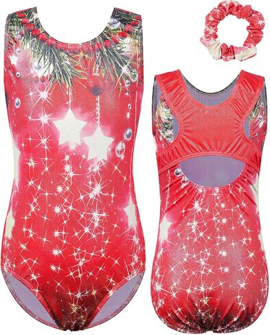 BAOHULU Girls Christmas Gymnastics Leotards Sparkle Athletic Clothes Dance Set with Matching Hair Scrunchie in Saudi Arabia