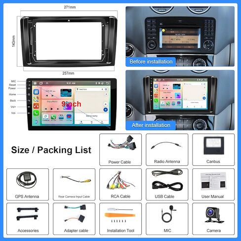 8 Core 2G 64G Android Radio Carplay for Mercedes Benz W164 X164 ML350 ML500 ML280 GL320 GL350 GL450 2005-2011, 9 Inch Car Stereo Touch Screen GPS WiFi Bluetooth FM HiFi AHD Backup Camera in Saudi Arabia