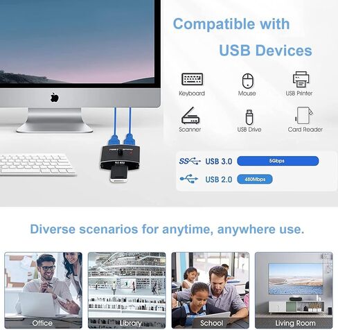 USB 3.0 Switch Selector, Bi-Directional USB Switcher 1 in 2 Out(2 in 1 Out),USB Switch 2 Computers Share 1 Device for Printer,Scanner,Keyboard, USB Sharing Switch with 2pcs A to A 3.3ft Cables in Kuwait
