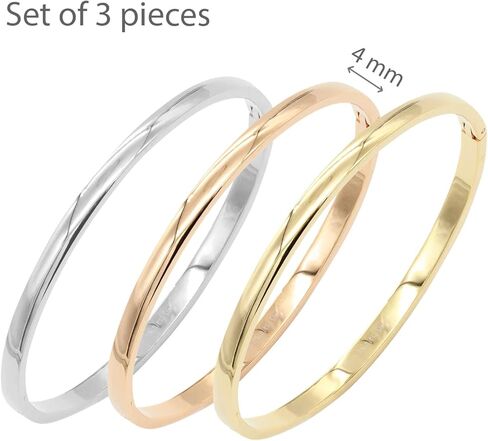 مجموعة من 3 قطع من Lavencious سوار من الفولاذ المقاوم للصدأ بعرض 4 مم بلمسة نهائية مصقولة بيضاوية الشكل كلاسيكية مقاس 7 بوصات باللون الفضي والذهبي الوردي in Kuwait