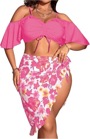 SHENHE Women's Plus Size 3 Piece Swimsuits Ruffle Cold Shoulder Bikini with Cover Up Floral Skirt Bathing Suit in Saudi Arabia