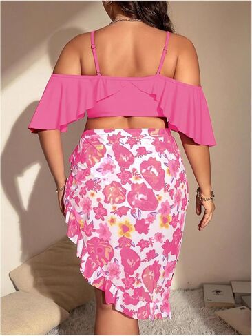 SHENHE Women's Plus Size 3 Piece Swimsuits Ruffle Cold Shoulder Bikini with Cover Up Floral Skirt Bathing Suit in Saudi Arabia