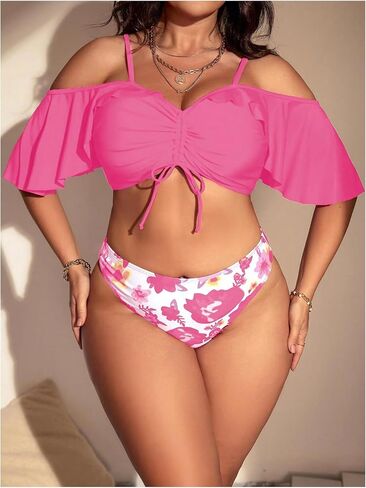 SHENHE Women's Plus Size 3 Piece Swimsuits Ruffle Cold Shoulder Bikini with Cover Up Floral Skirt Bathing Suit in Saudi Arabia
