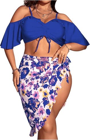 SHENHE Women's Plus Size 3 Piece Swimsuits Ruffle Cold Shoulder Bikini with Cover Up Floral Skirt Bathing Suit in Saudi Arabia
