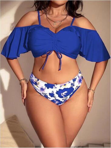 SHENHE Women's Plus Size 3 Piece Swimsuits Ruffle Cold Shoulder Bikini with Cover Up Floral Skirt Bathing Suit in Saudi Arabia