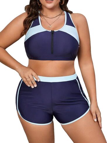 SweatyRocks Women's Plus Size 2 Piece Bikini Set Color Block Zipper Front Swimsuit with High Waisted Shorts Bathing Suits in Saudi Arabia
