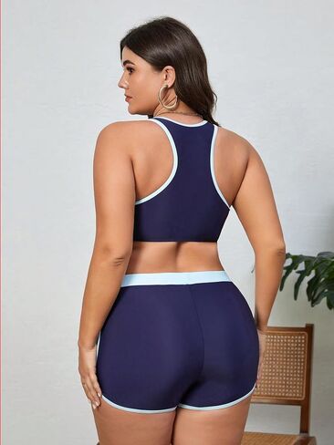 SweatyRocks Women's Plus Size 2 Piece Bikini Set Color Block Zipper Front Swimsuit with High Waisted Shorts Bathing Suits in Saudi Arabia