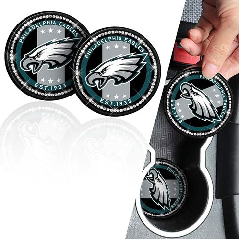 2PCS 2.75-Inch fit Eagles Bling Car Cup Holder Coasters Car Interior Accessories,Bling Crystal Rhinestone Silicone Non-Slip Car Water Coaster, for Football Fans, All Vehicles in Saudi Arabia