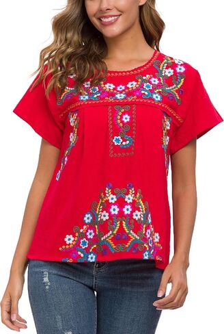 2024 Embroidered Tops for Women Short Sleeve Summer Mexican Shirts Bohemian Tops Blouse Hippie in Saudi Arabia