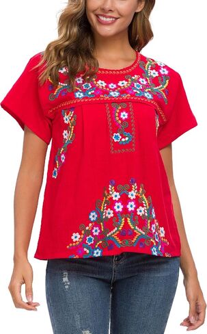 2024 Embroidered Tops for Women Short Sleeve Summer Mexican Shirts Bohemian Tops Blouse Hippie in Saudi Arabia