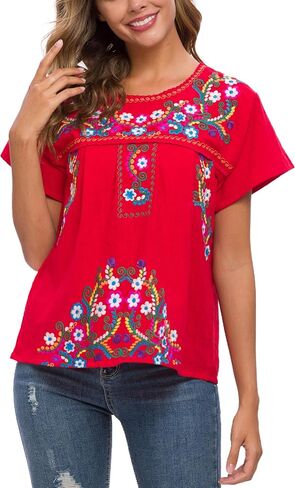 2024 Embroidered Tops for Women Short Sleeve Summer Mexican Shirts Bohemian Tops Blouse Hippie in Saudi Arabia