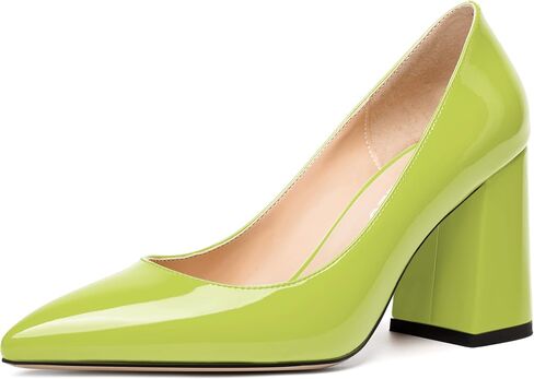 Womens Solid Pointed Toe Casual Dating Patent Slip On Block High Heel Pumps Shoes 3.3 Inch in Saudi Arabia