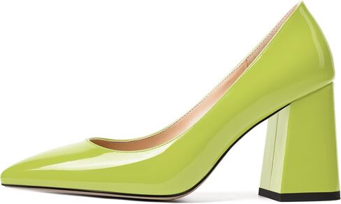 Womens Solid Pointed Toe Casual Dating Patent Slip On Block High Heel Pumps Shoes 3.3 Inch in Saudi Arabia