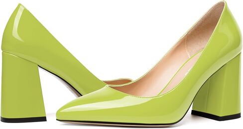 Womens Solid Pointed Toe Casual Dating Patent Slip On Block High Heel Pumps Shoes 3.3 Inch in Saudi Arabia
