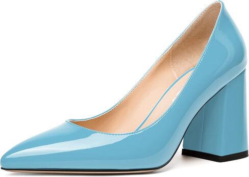 Womens Solid Pointed Toe Casual Dating Patent Slip On Block High Heel Pumps Shoes 3.3 Inch in Saudi Arabia