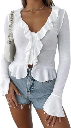 Women's Deep V Neck Long Bell Sleeve Button Down Ruffle Crop Shirt Top Blouses in Saudi Arabia