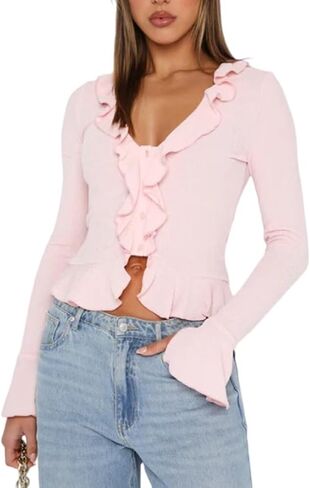 Women's Deep V Neck Long Bell Sleeve Button Down Ruffle Crop Shirt Top Blouses in Saudi Arabia