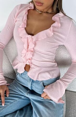 Women's Deep V Neck Long Bell Sleeve Button Down Ruffle Crop Shirt Top Blouses in Saudi Arabia