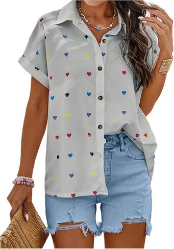 SweatyRocks Women's Heart Print Short Sleeve Button Down Shirt Top Collared Neck Summer Holiday Blouses in Saudi Arabia