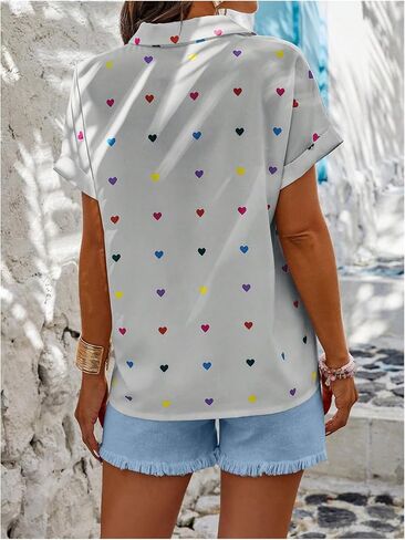 SweatyRocks Women's Heart Print Short Sleeve Button Down Shirt Top Collared Neck Summer Holiday Blouses in Saudi Arabia