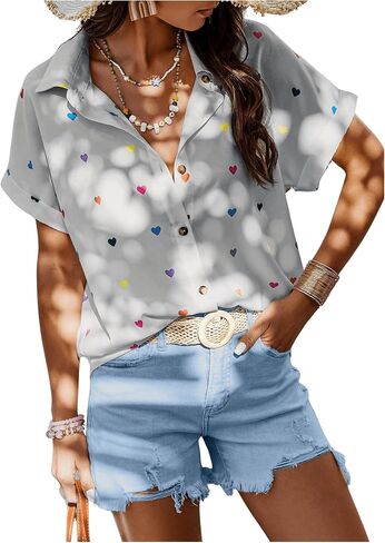 SweatyRocks Women's Heart Print Short Sleeve Button Down Shirt Top Collared Neck Summer Holiday Blouses in Saudi Arabia