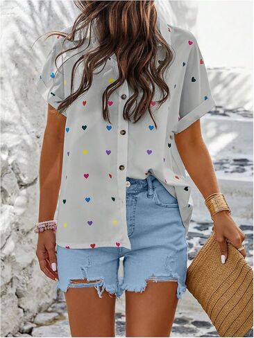SweatyRocks Women's Heart Print Short Sleeve Button Down Shirt Top Collared Neck Summer Holiday Blouses in Saudi Arabia