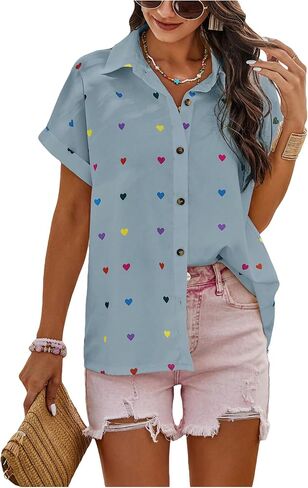 SweatyRocks Women's Heart Print Short Sleeve Button Down Shirt Top Collared Neck Summer Holiday Blouses in Saudi Arabia