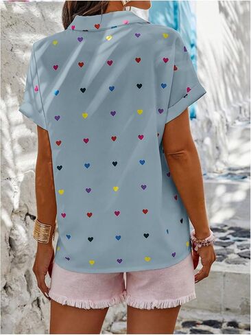 SweatyRocks Women's Heart Print Short Sleeve Button Down Shirt Top Collared Neck Summer Holiday Blouses in Saudi Arabia