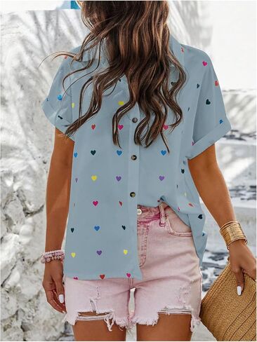 SweatyRocks Women's Heart Print Short Sleeve Button Down Shirt Top Collared Neck Summer Holiday Blouses in Saudi Arabia