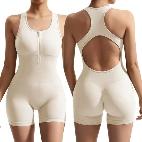OMKAGI Women Seamless Zip Up Front One Piece Jumpsuits Shorts Racerback Tummy Control Workout Romper Sleeveless Yoga Bodycon in Saudi Arabia