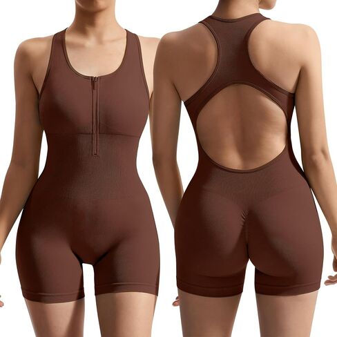 OMKAGI Women Seamless Zip Up Front One Piece Jumpsuits Shorts Racerback Tummy Control Workout Romper Sleeveless Yoga Bodycon in Saudi Arabia