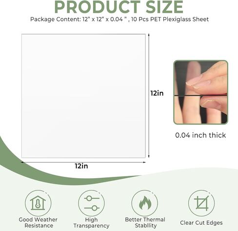 10 Pack PET Plexiglass Sheets 12 x 12 x 0.04 in, Transparent Acrylic Sheets, Thin Plexiglass Panels Cut to Size, Flexible Plastic Sheets for Crafts, Arts, Painting, Signs, Picture Frame in Kuwait