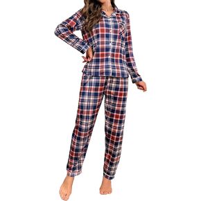 WDIRARA Women's 2 Piece Sleepwear Plaid Print Pajama Set Long Sleeve Button Down Shirt and Loose Fit Pants Sets
